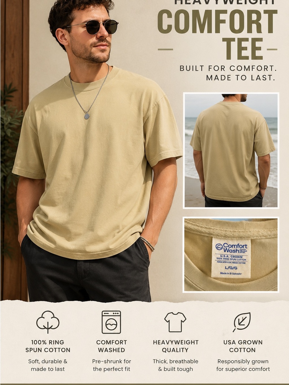 Comfort Wash Heavyweight Tee in Beige - Men's Short Sleeve
